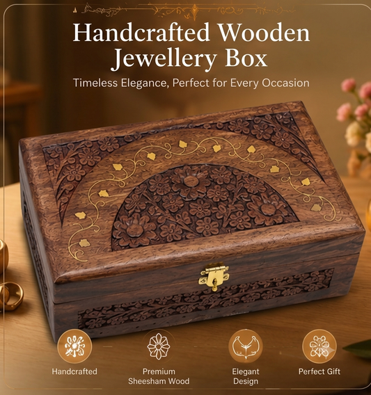 Handcrafted Wooden Carved Jewellery & Keepsake Box with Brass Lock