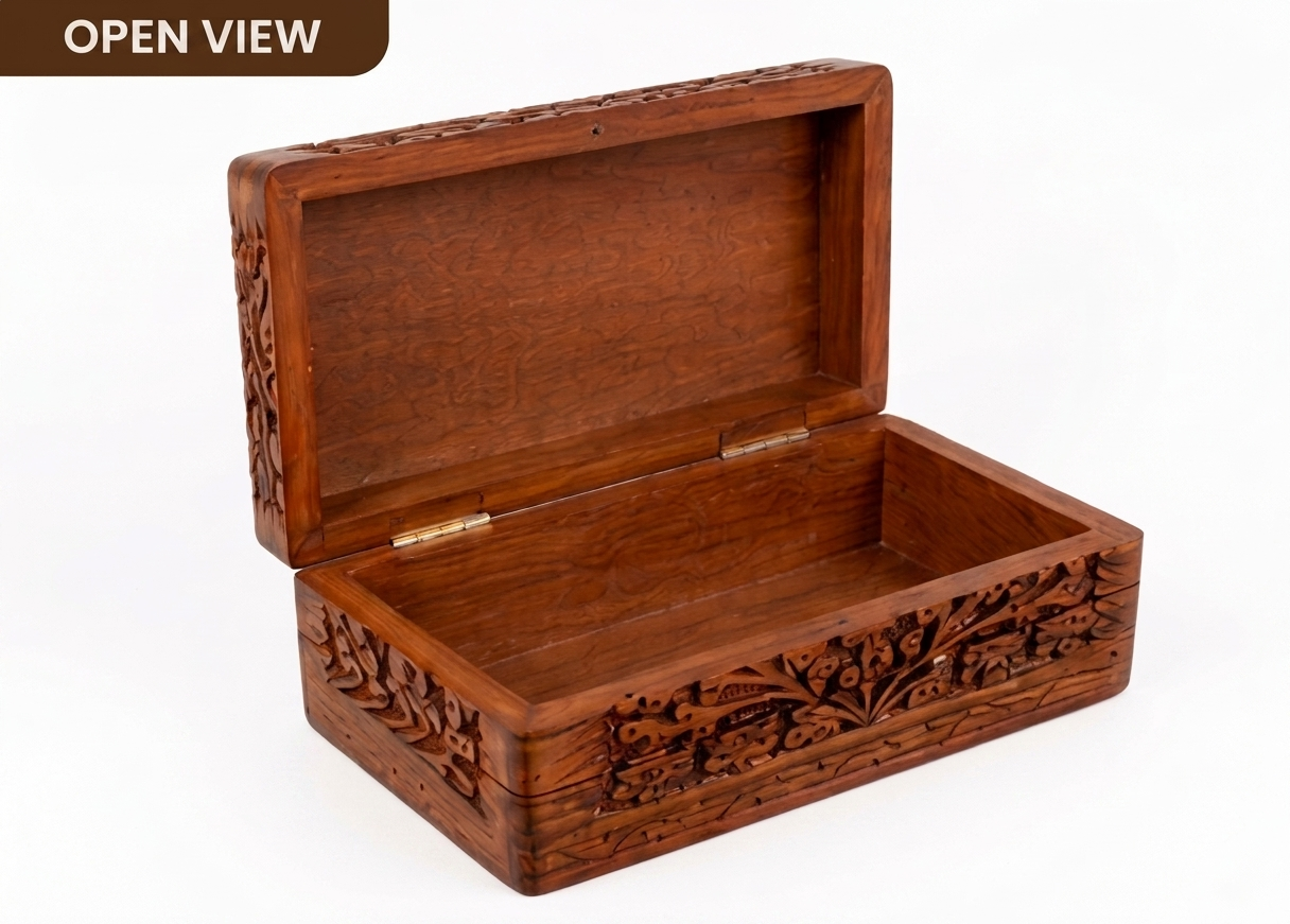 Handcrafted Wooden Carved Jewellery & Keepsake Box with Brass Lock