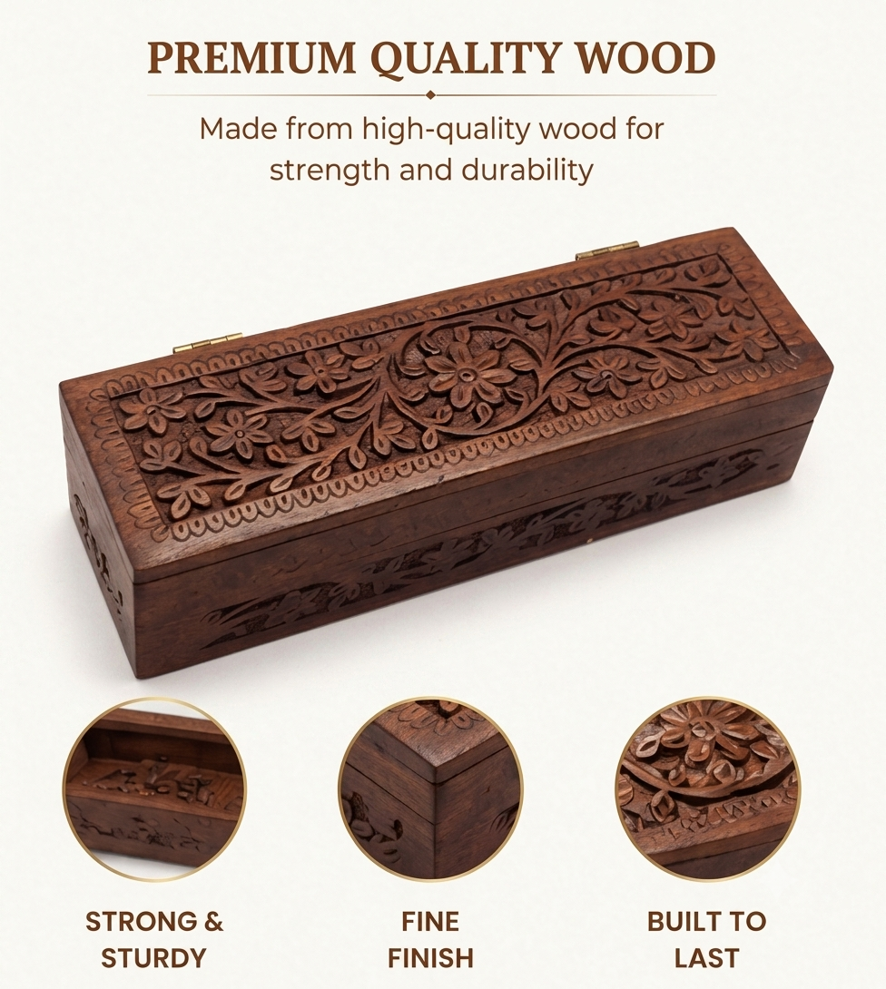 Handcrafted Wooden Carved Jewellery & Keepsake Box with Brass Lock