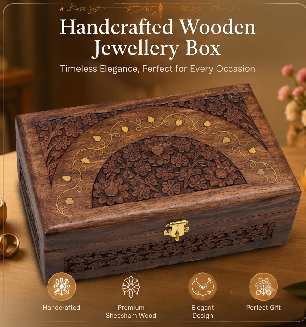 Handcrafted Wooden Carved Jewellery & Keepsake Box with Brass Lock