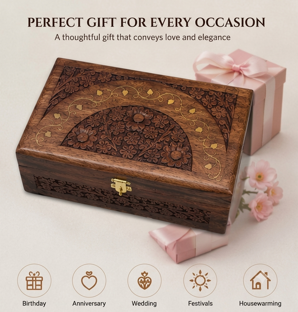 Handcrafted Wooden Carved Jewellery & Keepsake Box with Brass Lock