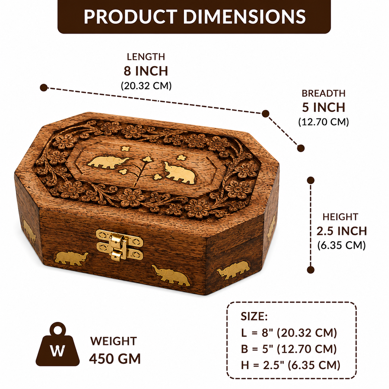 Handcrafted Wooden Carved Jewellery & Keepsake Box with Brass Lock