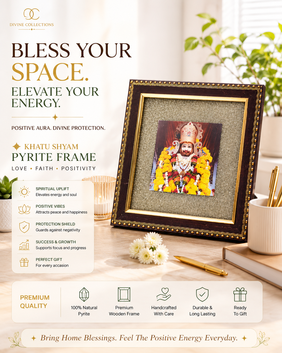 Khatu Shyam Ji Pyrite Crystal Frame | Vastu & Positive Energy Wall Décor | Premium Spiritual Gift