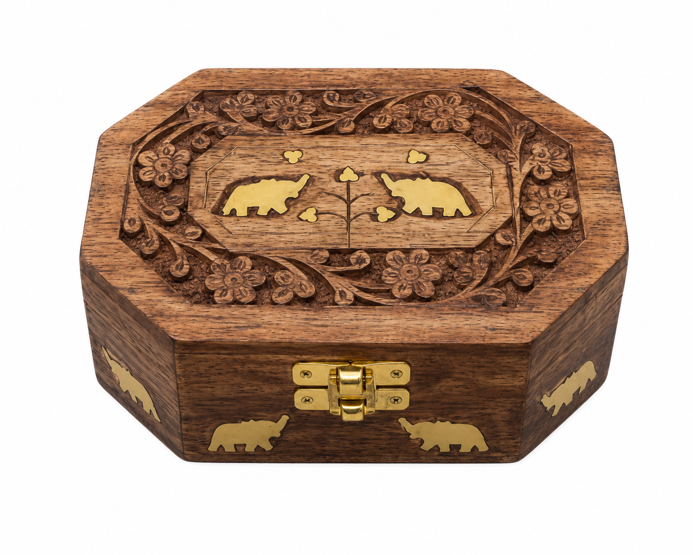 Handcrafted Wooden Carved Jewellery & Keepsake Box with Brass Lock