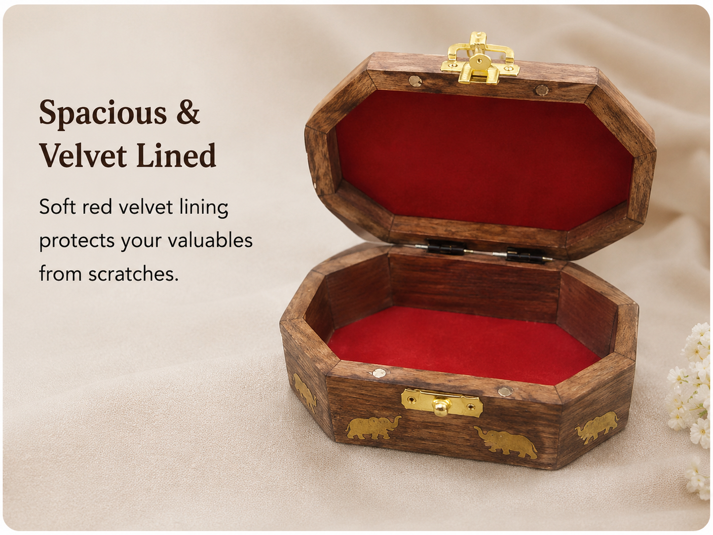 Handcrafted Wooden Carved Jewellery & Keepsake Box with Brass Lock