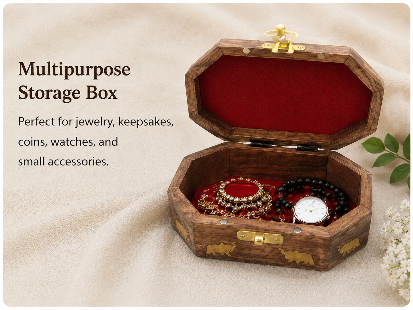 Handcrafted Wooden Carved Jewellery & Keepsake Box with Brass Lock