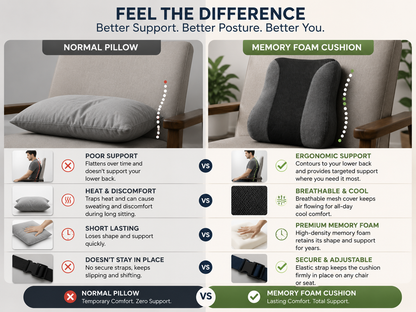 Ergonomic Memory Foam Lumbar Support Pillow for Office Chair, Car Seat & Home | Back Pain Relief Cushion