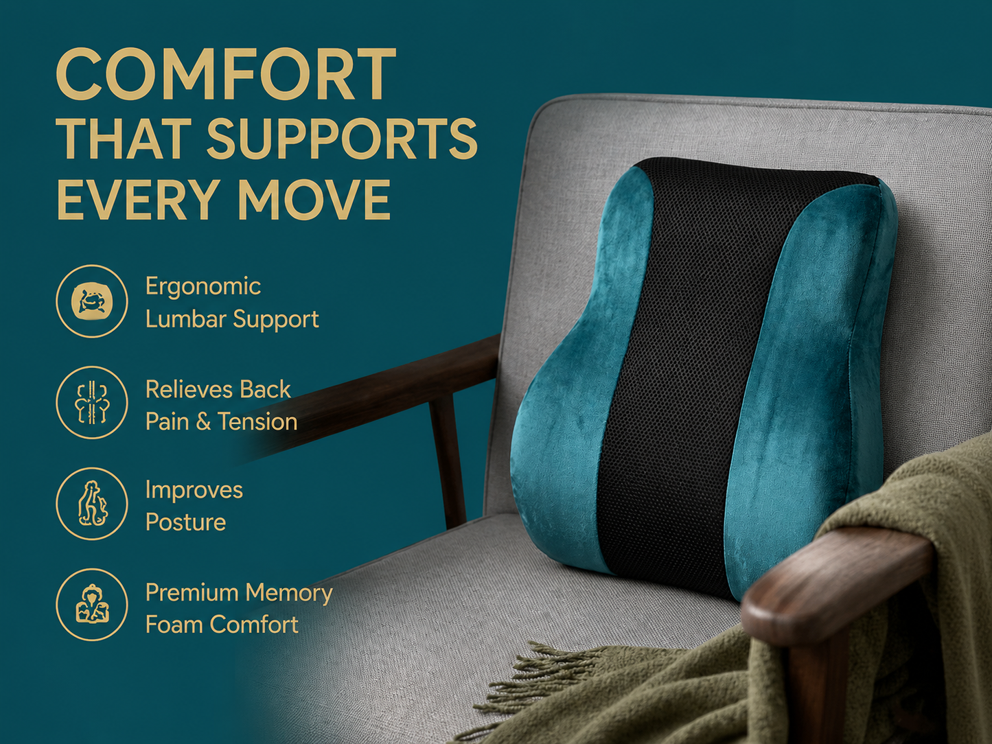 Ergonomic Memory Foam Lumbar Support Pillow for Office Chair, Car Seat & Home | Back Pain Relief Cushion