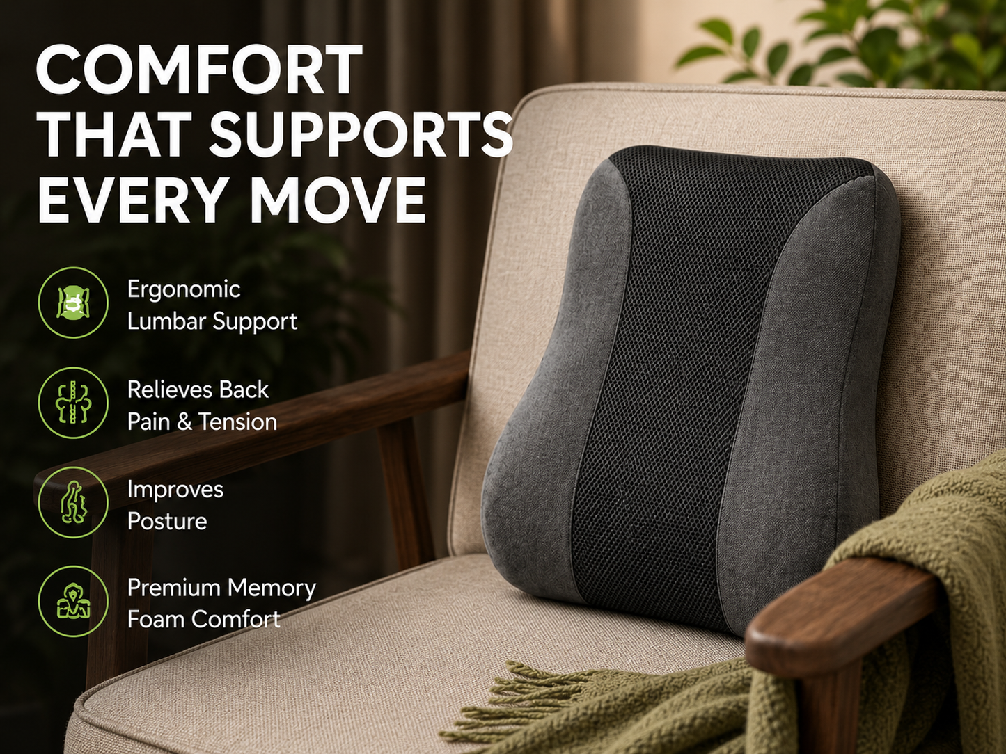 Ergonomic Memory Foam Lumbar Support Pillow for Office Chair, Car Seat & Home | Back Pain Relief Cushion