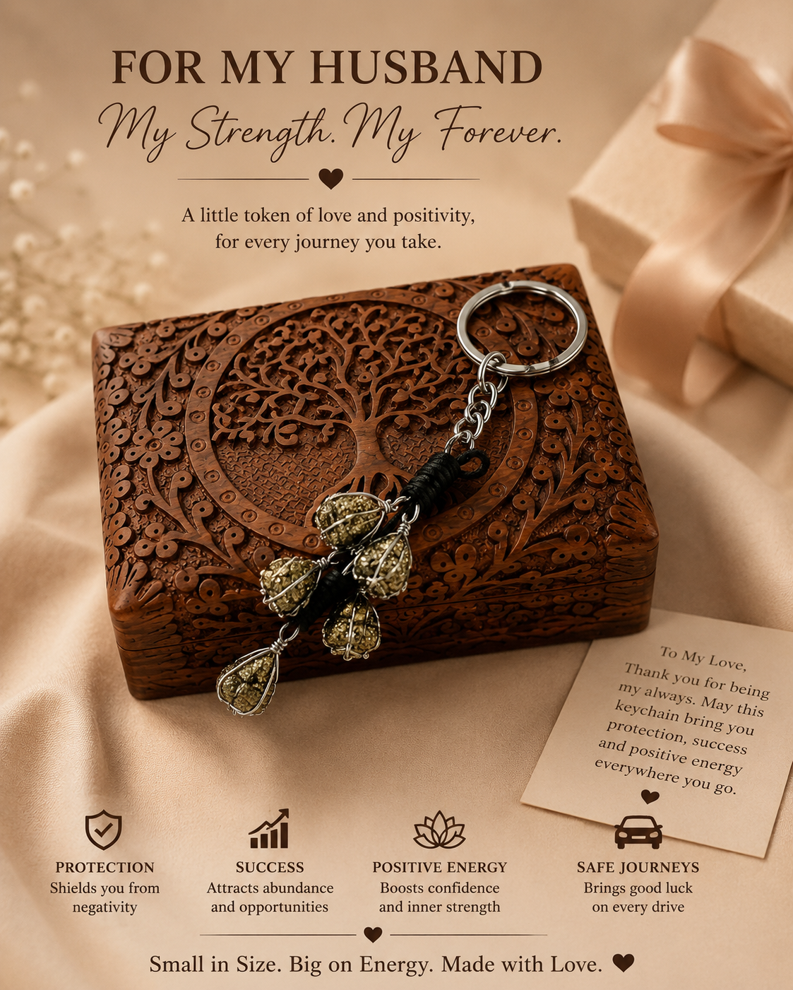 Handcrafted Wooden Carved Jewellery & Keepsake Box with Brass Lock