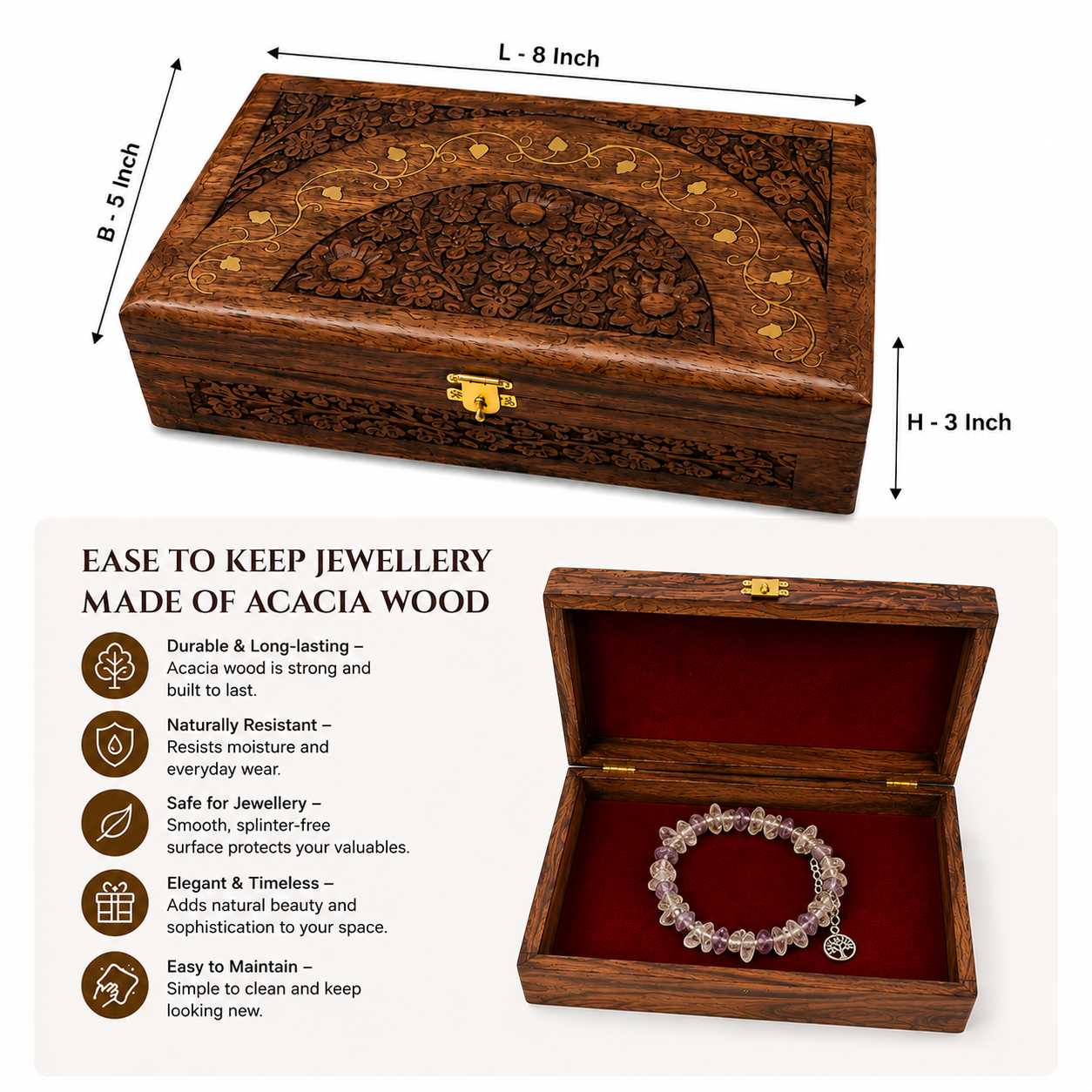 Handcrafted Wooden Carved Jewellery & Keepsake Box with Brass Lock