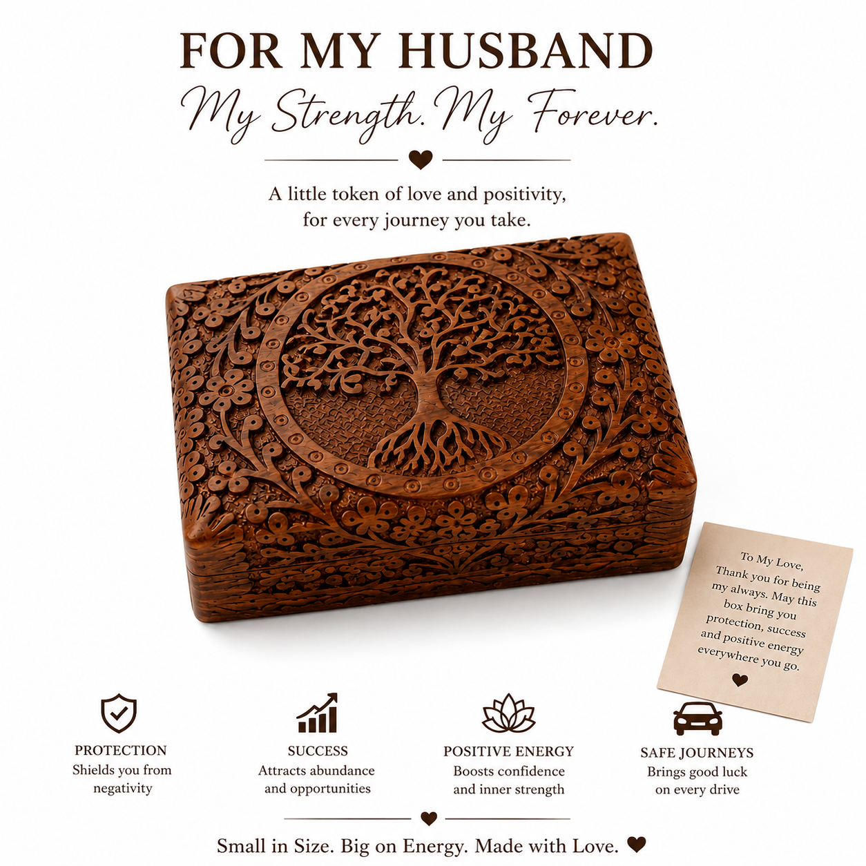 Handcrafted Wooden Carved Jewellery & Keepsake Box with Brass Lock