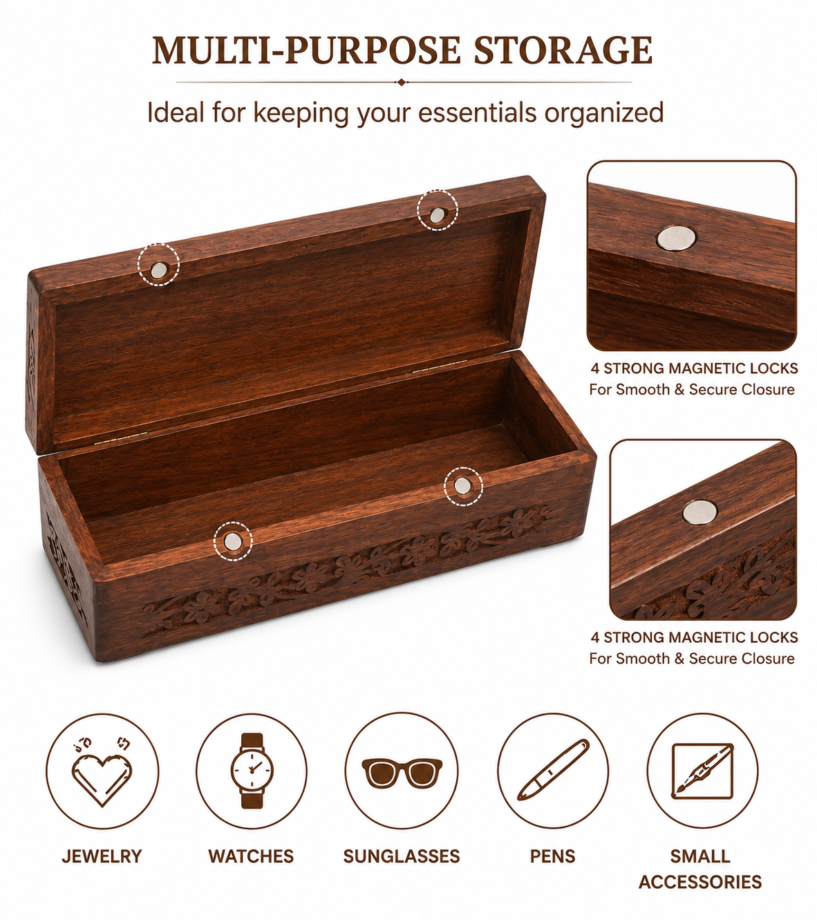 Handcrafted Wooden Carved Jewellery & Keepsake Box with Brass Lock